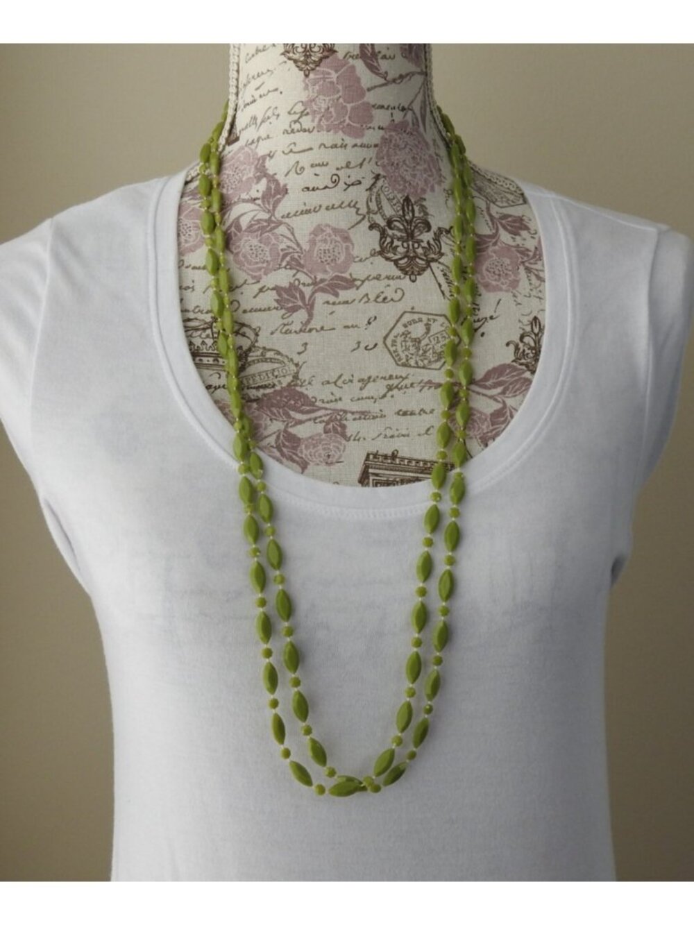 2 Vintage Green Plastic Beaded Necklace Strand 18"